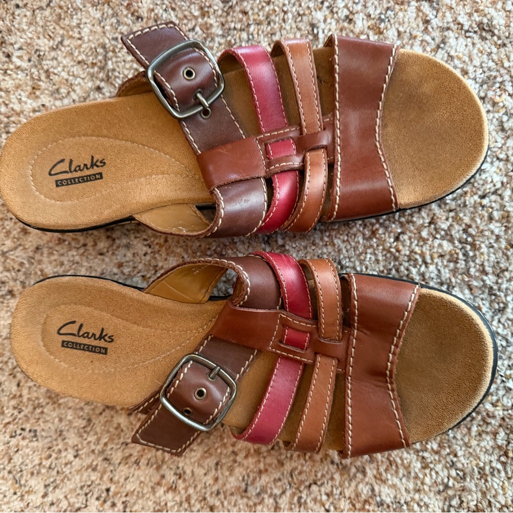 Clarks Brown and Red Leather Slide Sandals